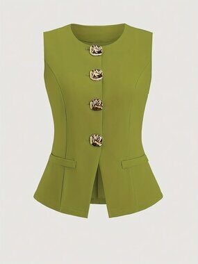 Olive Green French Style Sleeveless Blazer Vest – Gold Button Elegant Top